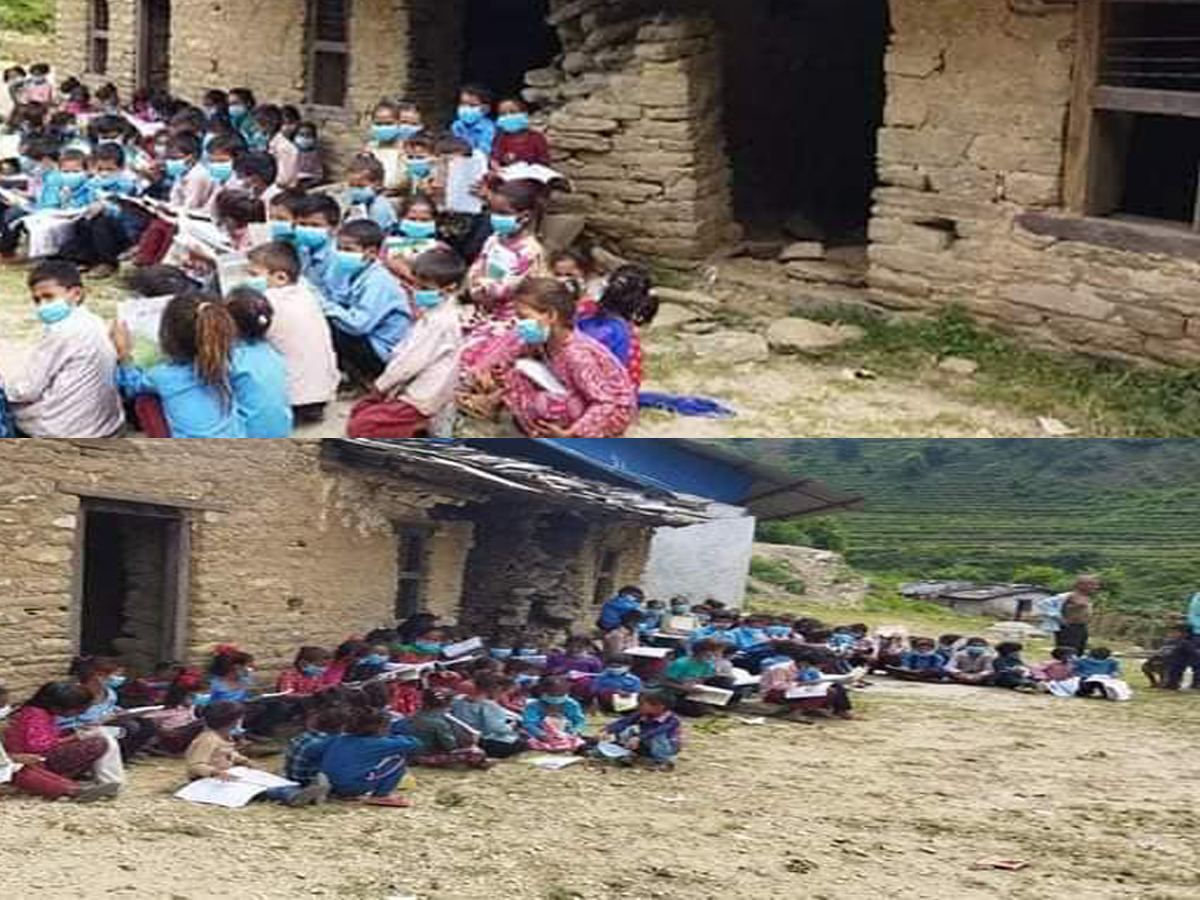 बैतडीमा पहिरोले विद्यालय भवन भत्काएपछि खुल्ला चौरमा पढ्दै विद्यार्थी